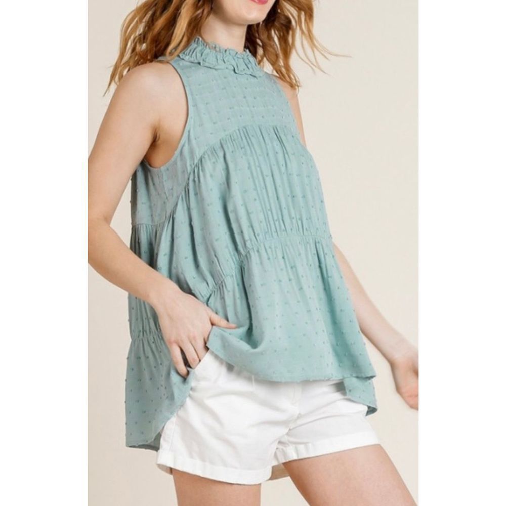 Umgee Women's Peach High Mock Ruffle Neck Swiss Dots Flowy Hem Top Size L